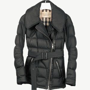 Burberry Brit Charcoal Leather-Trim Belted Puffer Jacket